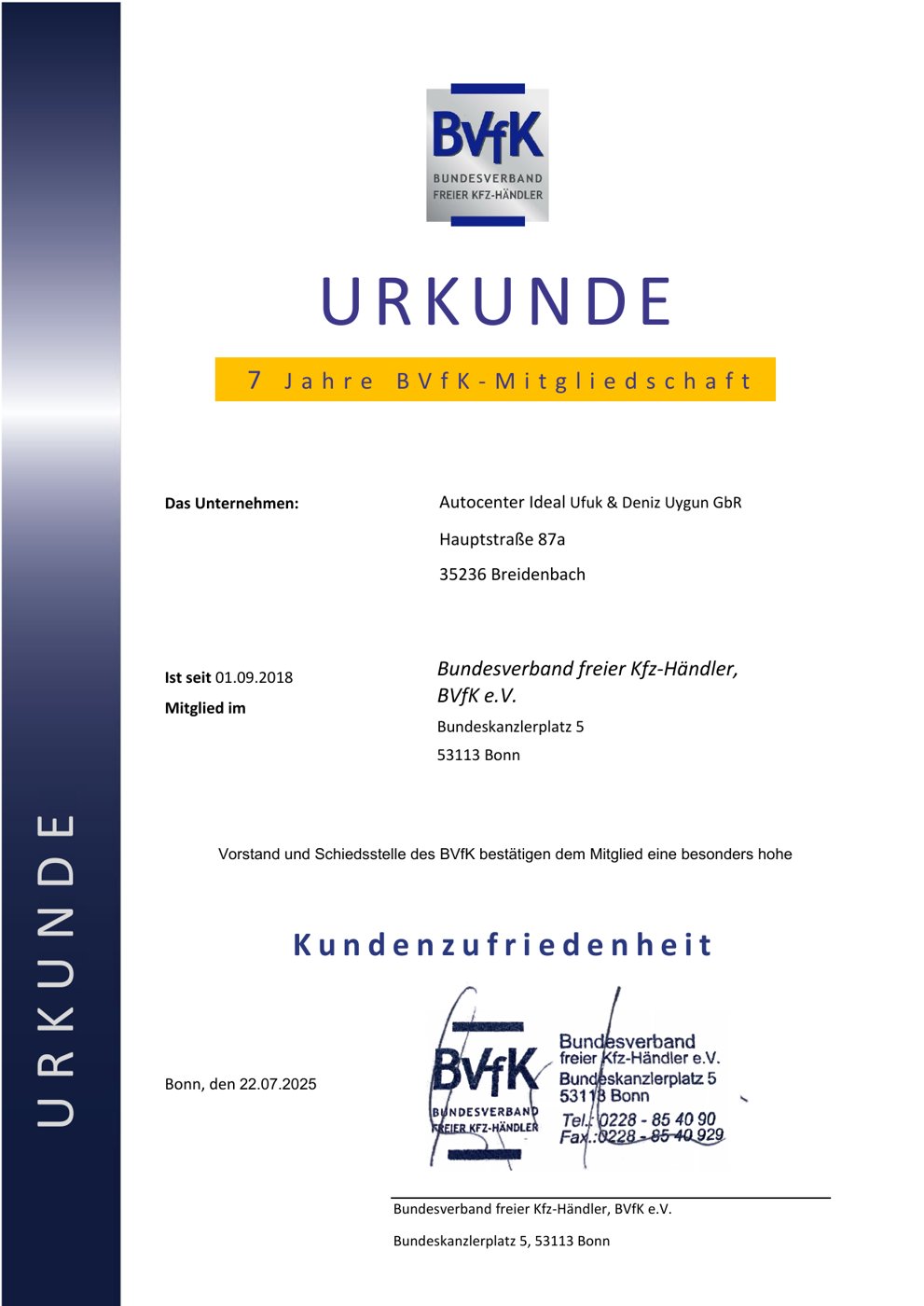 BVfK-Qualitätshändler Urkunde