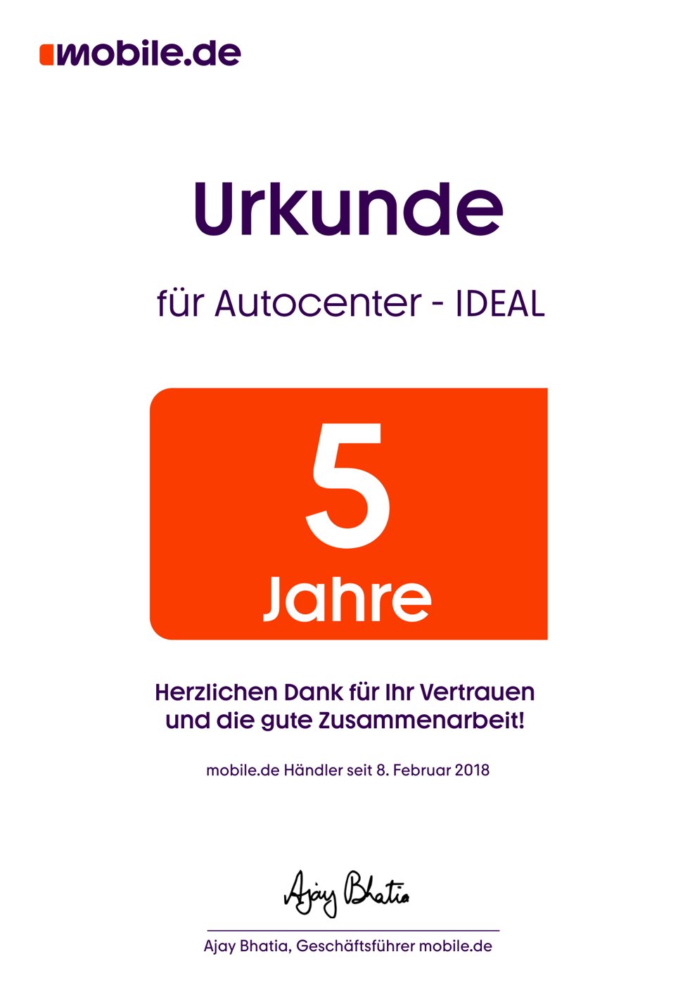mobile.de 5 Jahre Händler Urkunde