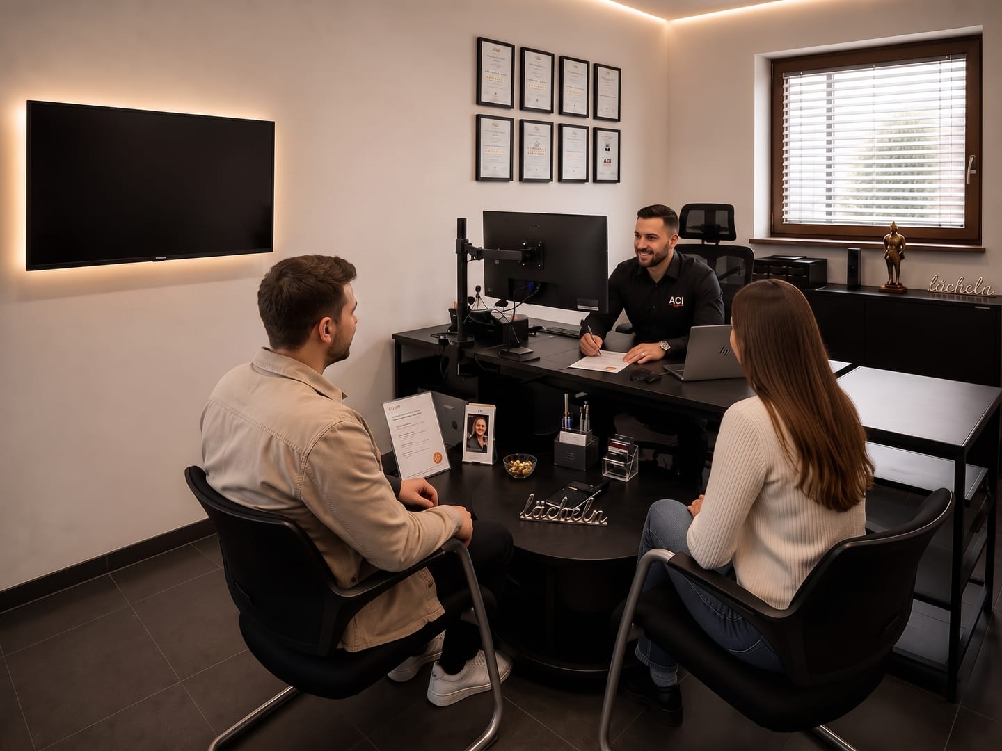 Beratungsgespräch mit einem Kundenpaar im Büro von Autocenter IDEAL