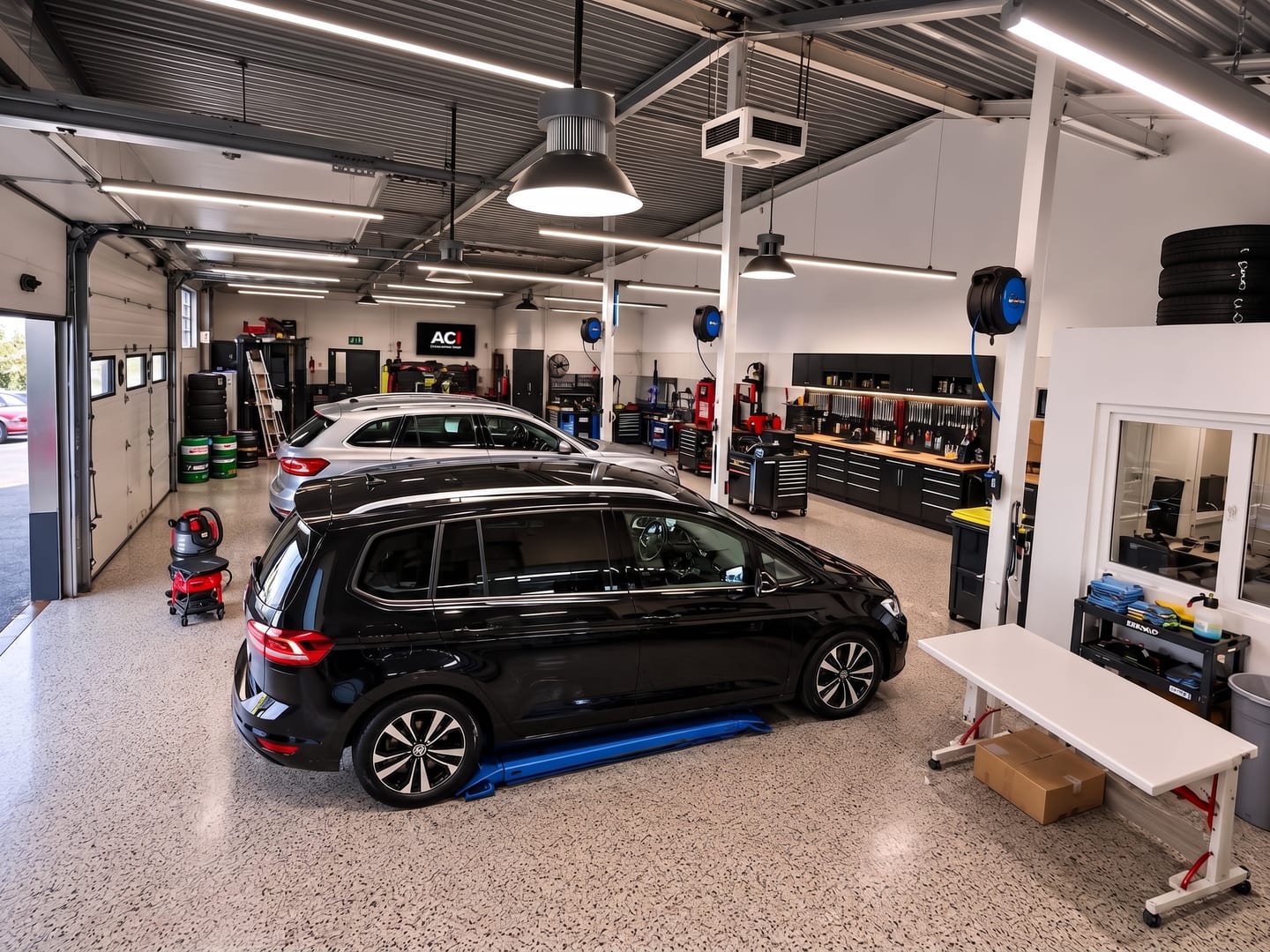 Werkstatthalle mit Fahrzeug auf der Hebebühne und Werkzeugwand